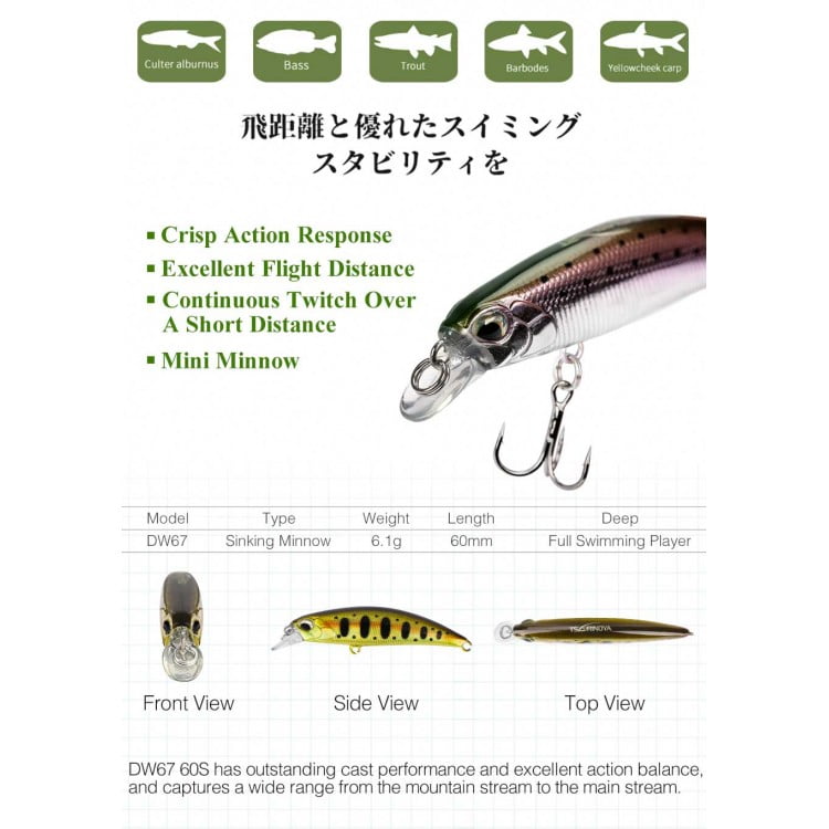 TSURINOYA DW67 Sinking Minnow Lure 60mm 6.1g TSURINOYA DW67 Sinking Minnow Lure 60mm 6.1g